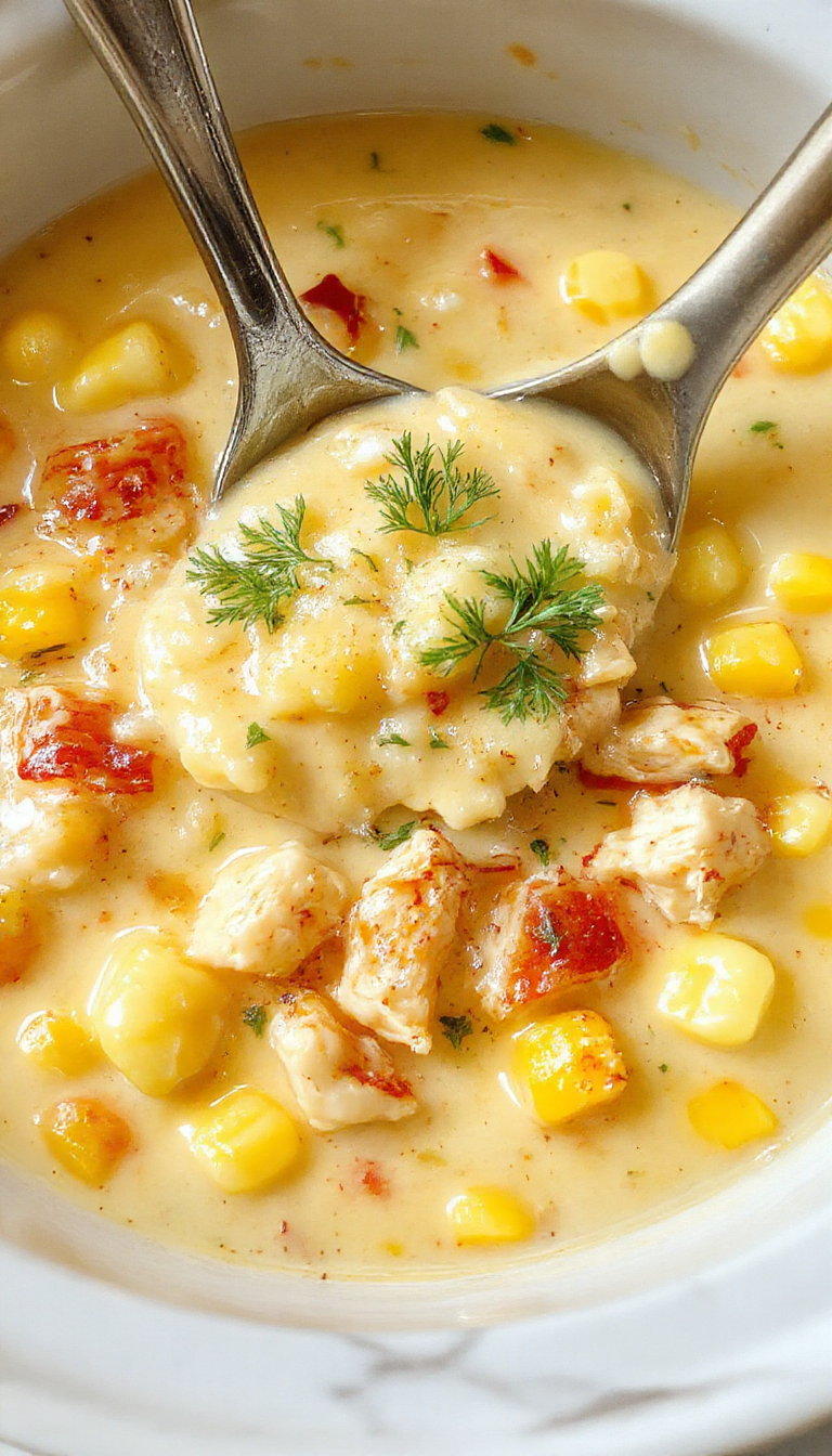 A vibrant bowl of creamy chicken corn chowder topped with fresh herbs and cracked black pepper, surrounded by rustic bread slices on a wooden table