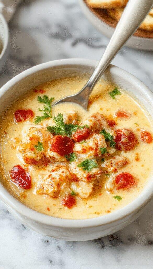 A vibrant bowl of crockpot lasagna soup topped with melted cheese, fresh basil, and grated Parmesan. The soup showcases layers of tomato broth, pasta, and ricotta, beautifully plated with a rustic spoon on a wooden table, surrounded by ingredients like fresh herbs and grated cheese.