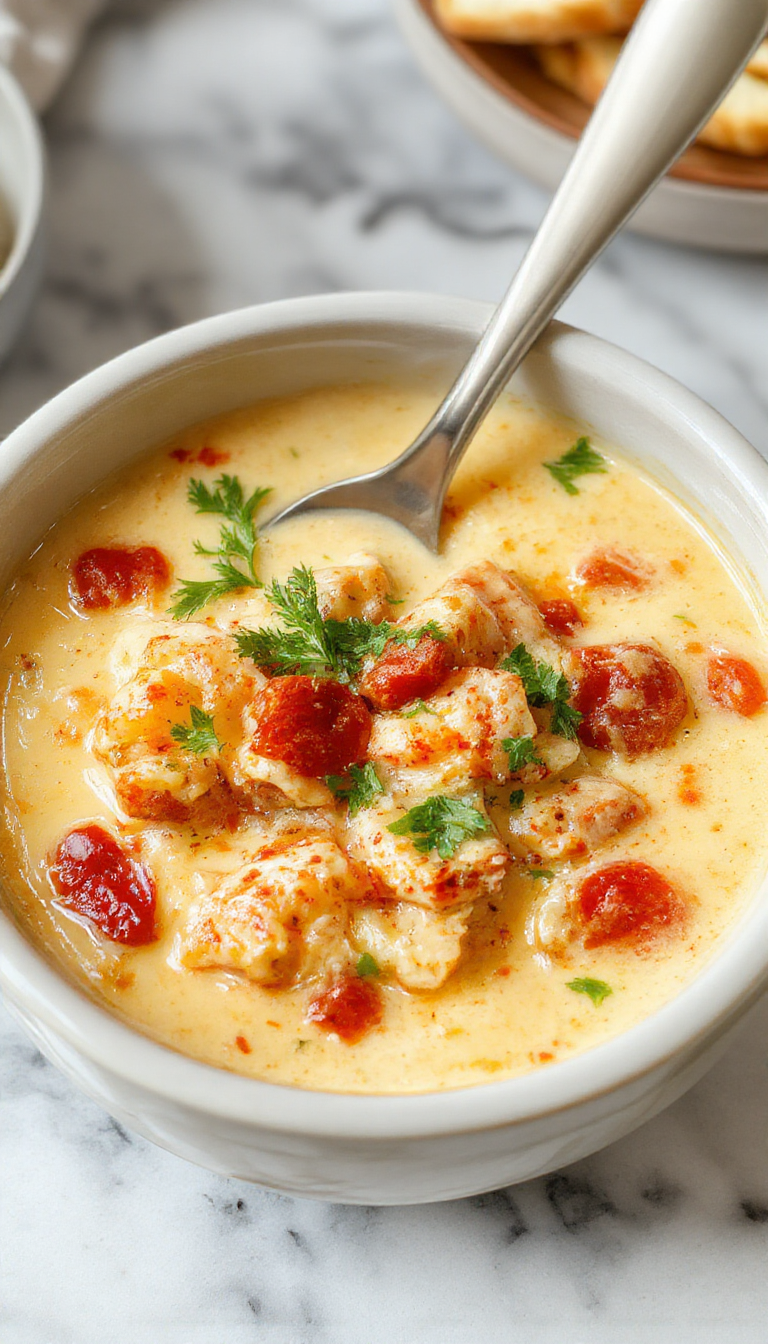 A vibrant bowl of crockpot lasagna soup topped with melted cheese, fresh basil, and grated Parmesan. The soup showcases layers of tomato broth, pasta, and ricotta, beautifully plated with a rustic spoon on a wooden table, surrounded by ingredients like fresh herbs and grated cheese.