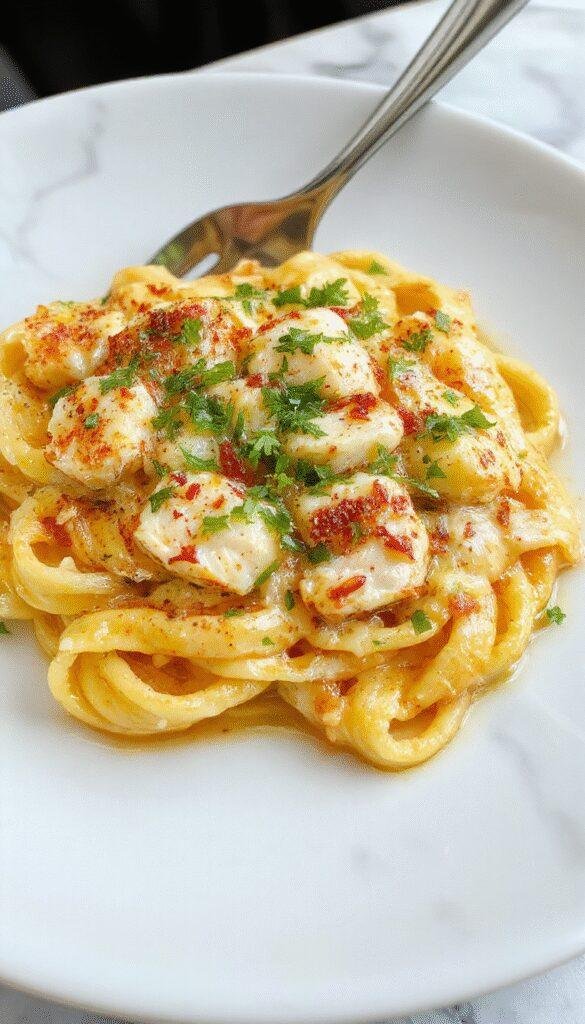 A vibrant plate of garlic butter chicken pasta featuring golden grilled chicken slices atop a bed of al dente pasta coated in a glossy, buttery garlic sauce. Garnished with fresh parsley and grated Parmesan, the dish showcases warm golden hues contrasted with green herbs and white cheese, styled on a rustic white plate with a drizzle of sauce and a side of roasted vegetables.