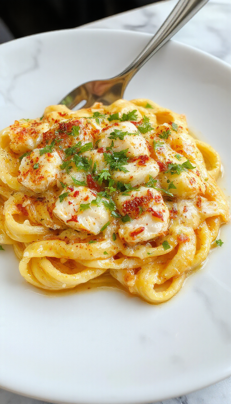 A vibrant plate of garlic butter chicken pasta featuring golden grilled chicken slices atop a bed of al dente pasta coated in a glossy, buttery garlic sauce. Garnished with fresh parsley and grated Parmesan, the dish showcases warm golden hues contrasted with green herbs and white cheese, styled on a rustic white plate with a drizzle of sauce and a side of roasted vegetables.