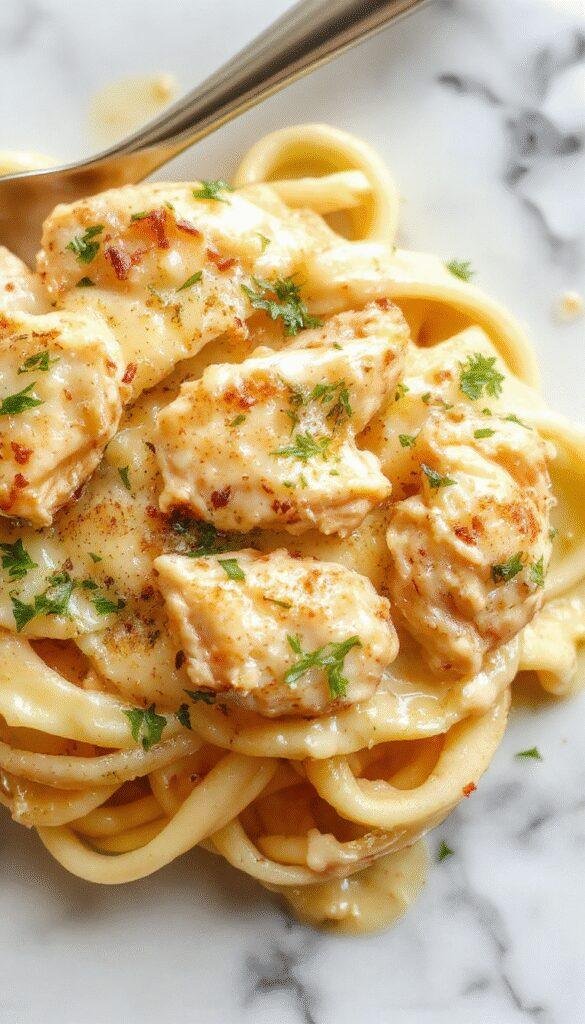 A vibrant plate of creamy garlic parmesan chicken pasta featuring tender grilled chicken slices on top of al dente pasta coated in a smooth, cheesy sauce. The dish is garnished with fresh parsley and grated Parmesan, with a rustic wooden table and warm lighting enhancing its inviting presentation.