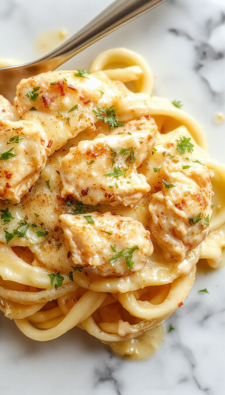 A vibrant plate of creamy garlic parmesan chicken pasta featuring tender grilled chicken slices on top of al dente pasta coated in a smooth, cheesy sauce. The dish is garnished with fresh parsley and grated Parmesan, with a rustic wooden table and warm lighting enhancing its inviting presentation.