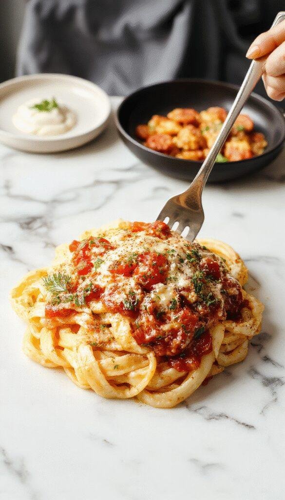 A vibrant plate of creamy garlic tomato pasta with a rich red tomato sauce, topped with fresh basil and grated Parmesan cheese, served on a white ceramic plate with a rustic wooden background, showcasing a glossy sauce and al dente pasta textures.