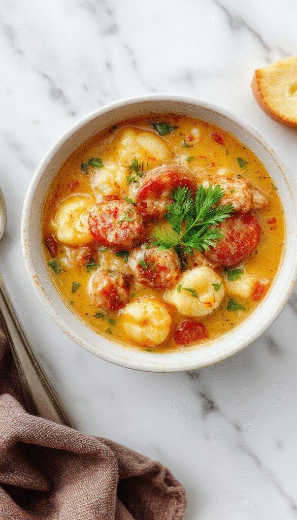 A steaming bowl of creamy Italian sausage gnocchi soup showcases golden-brown sausage chunks, soft green spinach, and pillowy gnocchi in a rich, velvety broth, garnished with freshly chopped herbs and a sprinkle of grated cheese, served on a rustic wooden table with a warm ambiance and colorful vegetables in the background.