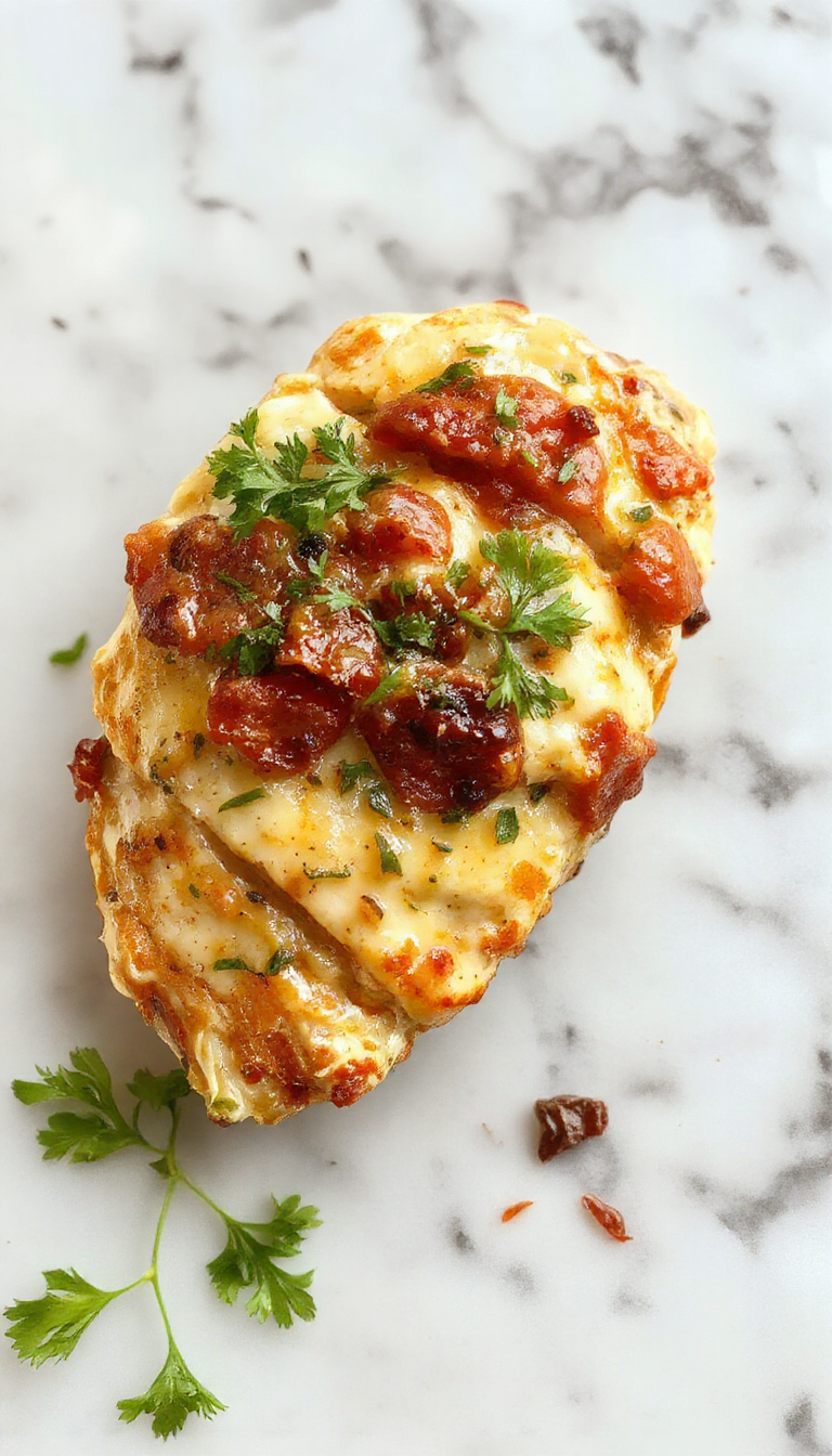 A beautifully plated creamy Tuscan chicken dish with golden-brown chicken breasts topped with a rich, velvety white sauce studded with sun-dried tomatoes, spinach, and herbs. The plate features vibrant green spinach leaves and red sun-dried tomatoes contrasted against the creamy white sauce, styled on a rustic wooden table with garnished herbs, inviting a sense of warmth and indulgence.