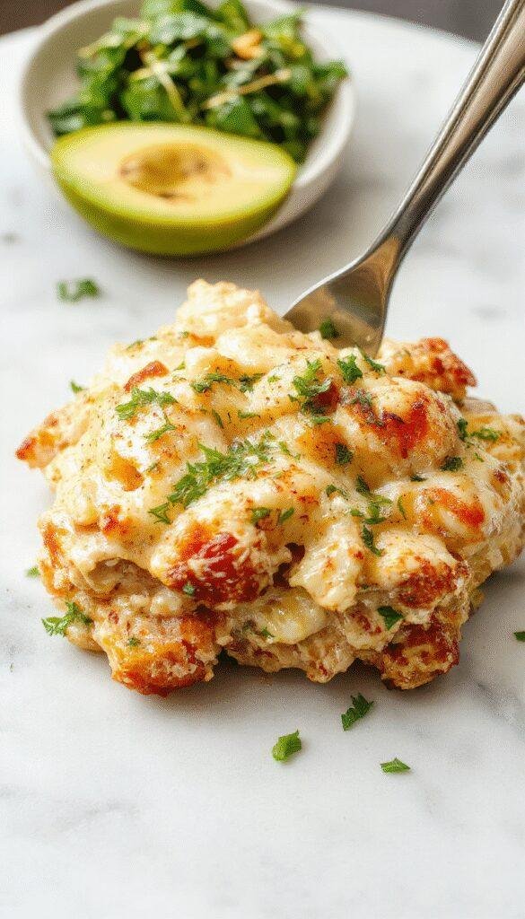 A vibrant, steaming chicken casserole in a creamy white sauce, topped with golden melted cheese and fresh herbs. The dish is beautifully plated in a white ceramic baking dish, with chopped parsley garnishing the colorful, tender chicken pieces and smooth sauce. The background features a rustic wooden table with side vegetables, emphasizing a comforting, wholesome meal presentation.