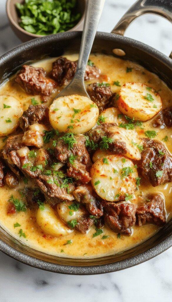 A vibrant plate featuring a creamy beef and potato skillet garnished with fresh herbs, showcasing golden-brown potatoes and tender beef in a rich sauce, all on a rustic wooden table with a spoon for serving.