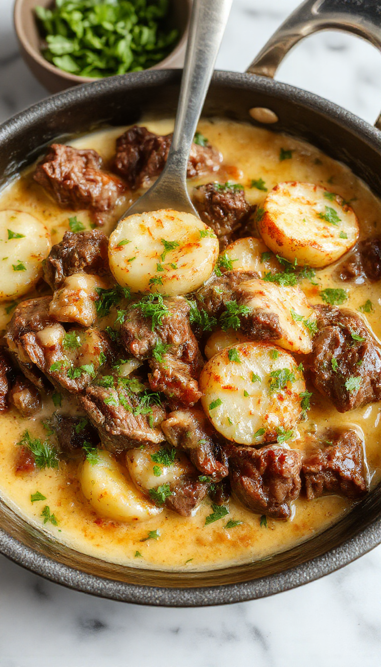 A vibrant plate featuring a creamy beef and potato skillet garnished with fresh herbs, showcasing golden-brown potatoes and tender beef in a rich sauce, all on a rustic wooden table with a spoon for serving.