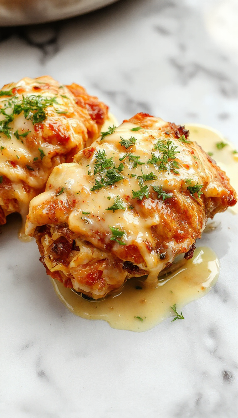 A close-up of golden-brown chicken thighs glazed with creamy sauce, served on a rustic wooden platter garnished with fresh herbs, with a flaky, crispy skin and tender interior, styled with a sprig of thyme and lemon slices for a vibrant, inviting look.
