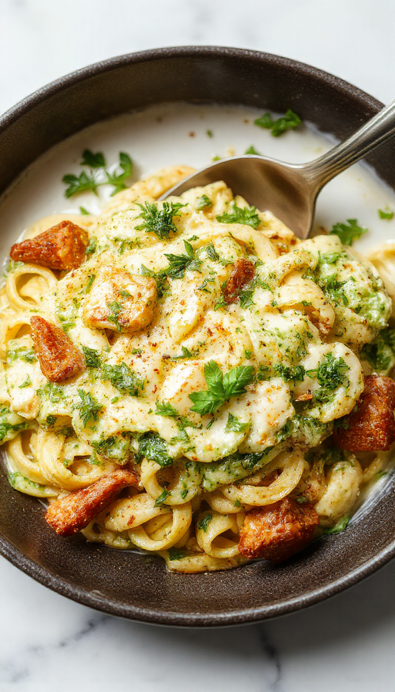 A vibrant bowl of creamy pesto pasta topped with fresh basil leaves, grated Parmesan, and a drizzle of olive oil. The pasta is coated in a rich green pesto sauce with a smooth, glossy texture, garnished with cherry tomatoes and pine nuts on a rustic wooden table.