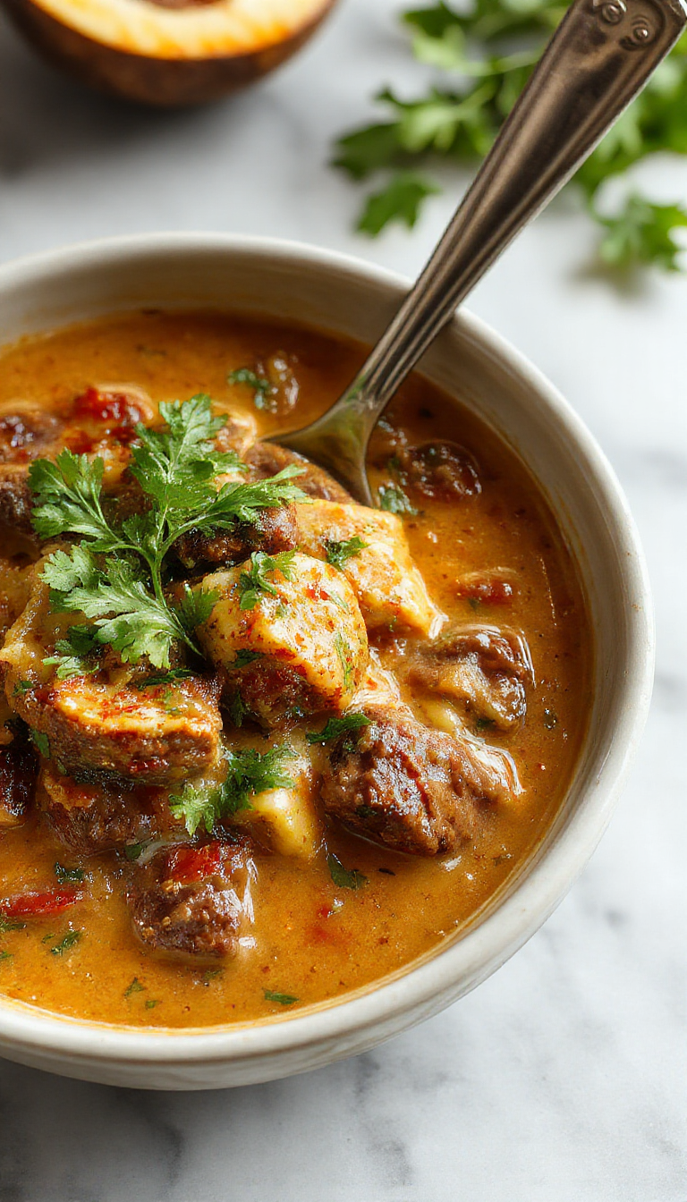 A vibrant bowl of creamy beef coconut curry featuring tender beef chunks, coconut milk sauce, and colorful vegetables on a rustic wooden table, garnished with fresh cilantro and served with jasmine rice, highlighting its rich textures and aromatic spices.