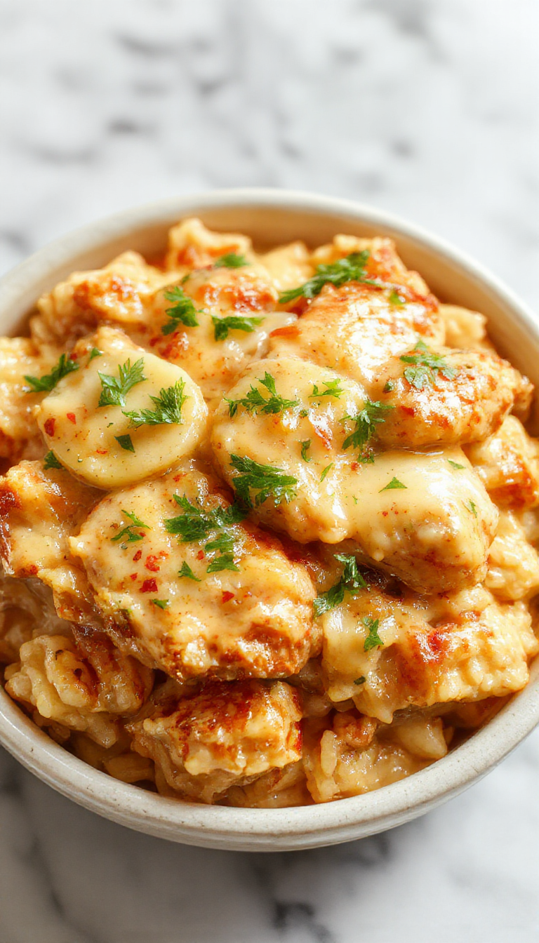 A close-up of a creamy chicken and rice dish served in a rustic bowl, topped with melted cheese and fresh herbs. The chicken pieces are coated in a rich, glossy sauce, surrounded by fluffy white rice. The background features a wooden table with a fork, giving a warm, inviting atmosphere. Vivid colors highlight the creamy sauce, tender chicken, and garnished herbs, emphasizing comfort and homestyle appeal.