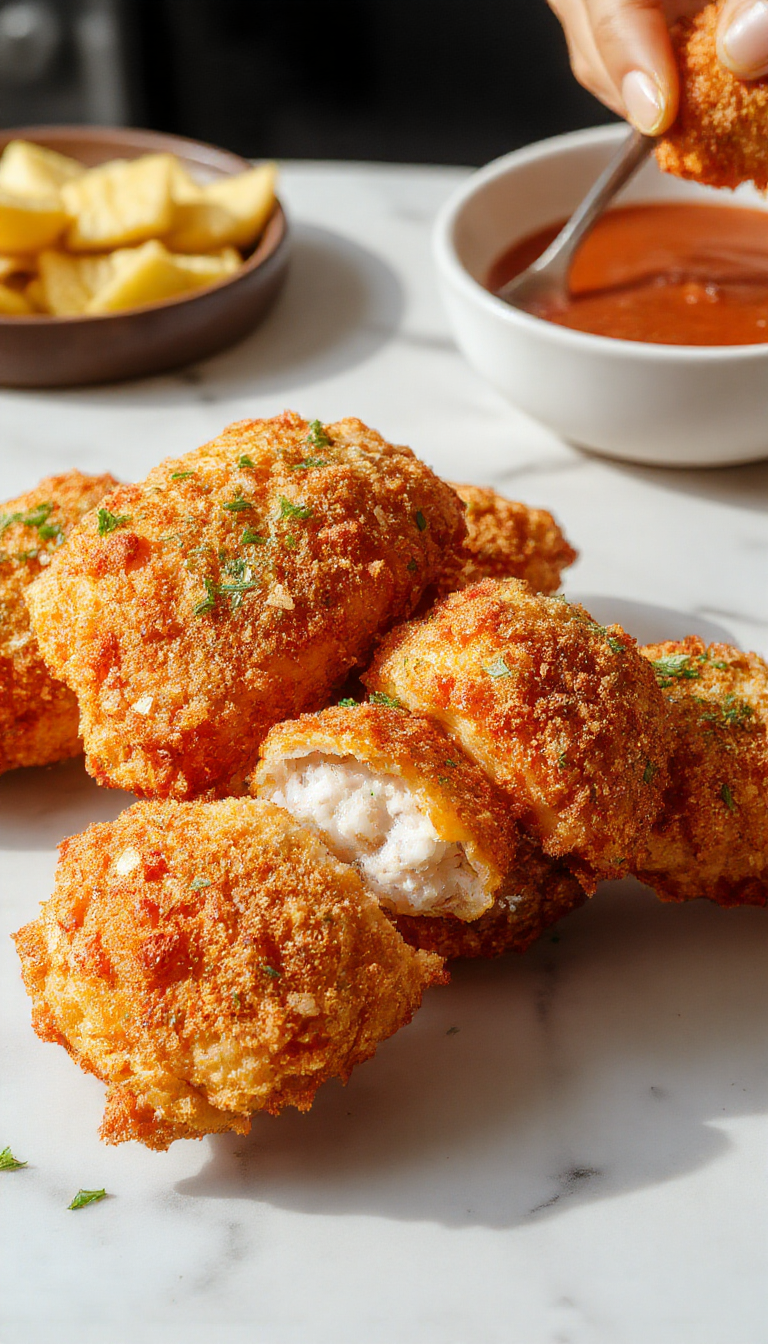 A close-up of crispy golden baked chicken tenders arranged neatly on a rustic white plate, garnished with fresh herbs. The tenders have a crunchy breadcrumb coating with visible seasoning, garnished with lemon wedges and a side of dipping sauce, styled on a wooden table with natural lighting highlighting textures and colors.