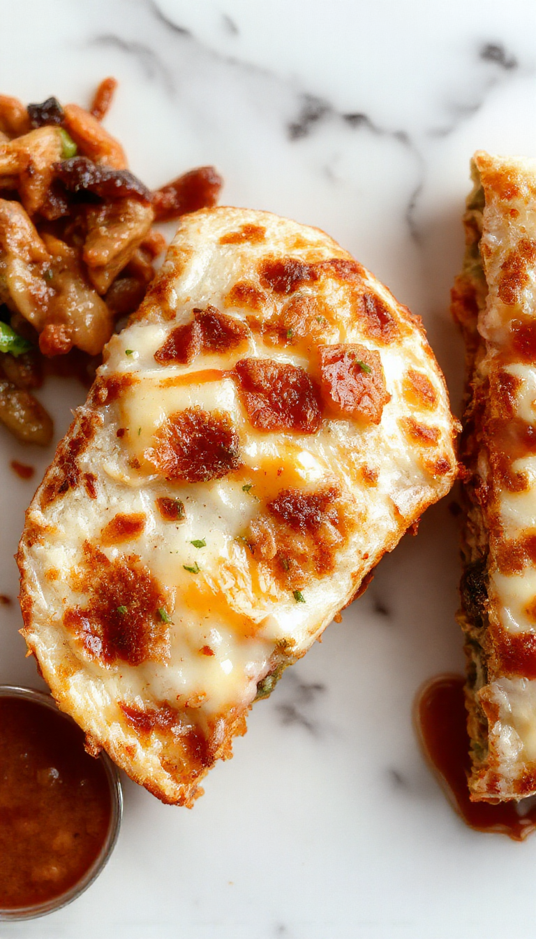 Golden crispy quesadillas filled with melted cheese and a juicy smashburger patty, served on a plate alongside fresh toppings.
