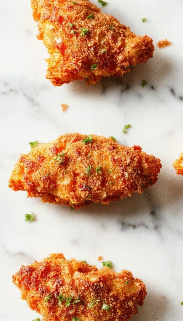 Golden-brown crispy chicken tenders arranged on a white plate with a side of fresh green herbs and a dipping sauce, styled with a rustic wooden background, close-up highlighting the crunchy texture and juicy interior.
