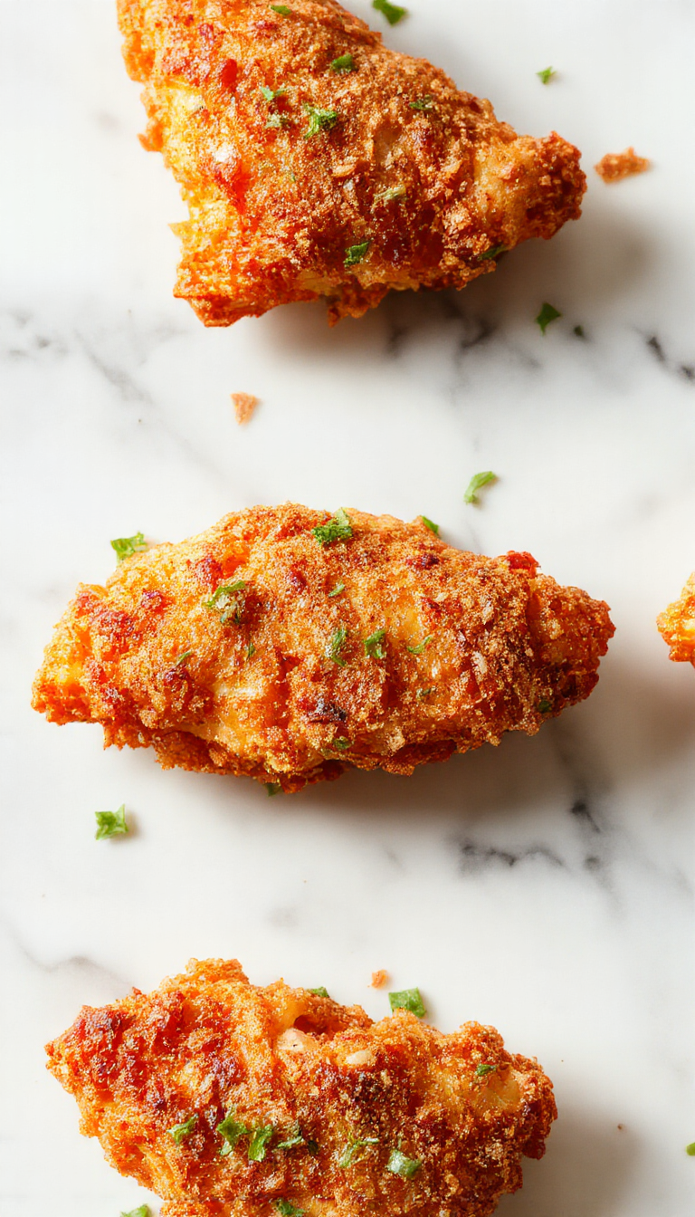Golden-brown crispy chicken tenders arranged on a white plate with a side of fresh green herbs and a dipping sauce, styled with a rustic wooden background, close-up highlighting the crunchy texture and juicy interior.
