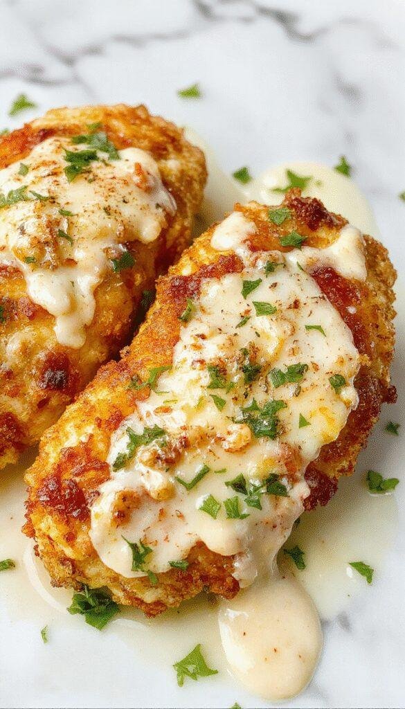 A beautifully plated dish featuring golden crispy chicken breasts topped with a vibrant lemon sauce and sprinkled with grated pecorino cheese, arranged on a white ceramic plate with fresh herbs and lemon wedges, appealing textures and bright colors.