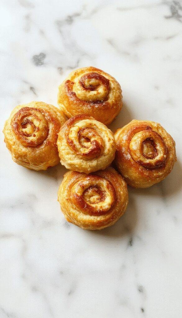 A plate of freshly baked Daybreak Delight Golden Morning Rolls arranged on a rustic wooden table, their golden crusts glowing in morning light.