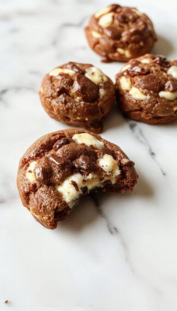 A close-up of vibrant chocolate and creamy cheesecake-filled cookie bites arranged on a elegant white plate with a sprinkle of cocoa powder and chocolate shavings, showcasing glossy, melt-in-mouth textures and a rich, indulgent appearance.