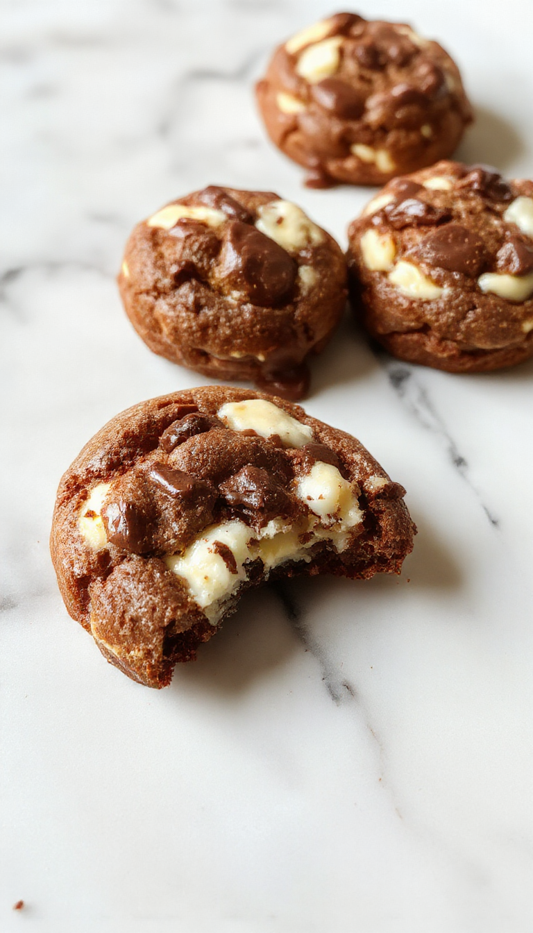 A close-up of vibrant chocolate and creamy cheesecake-filled cookie bites arranged on a elegant white plate with a sprinkle of cocoa powder and chocolate shavings, showcasing glossy, melt-in-mouth textures and a rich, indulgent appearance.
