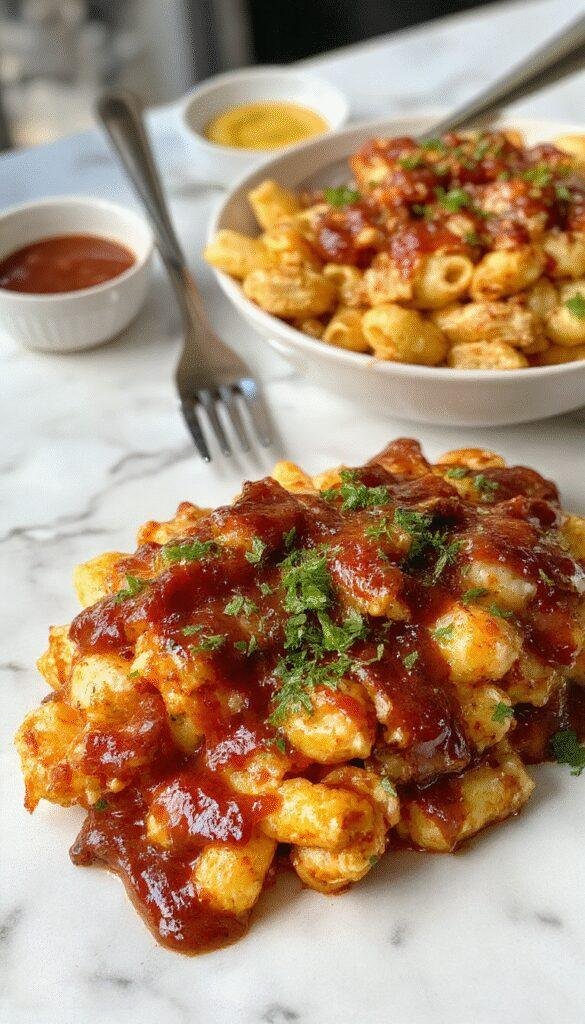 A vibrant bowl of BBQ chicken mac and cheese featuring cheesy tendrils intertwined with chunks of grilled BBQ chicken, topped with fresh herbs. The dish is served on a rustic wooden table, showcasing golden cheese sauce, charred chicken pieces, and garnished with green onions and cilantro for a colorful and appetizing presentation.