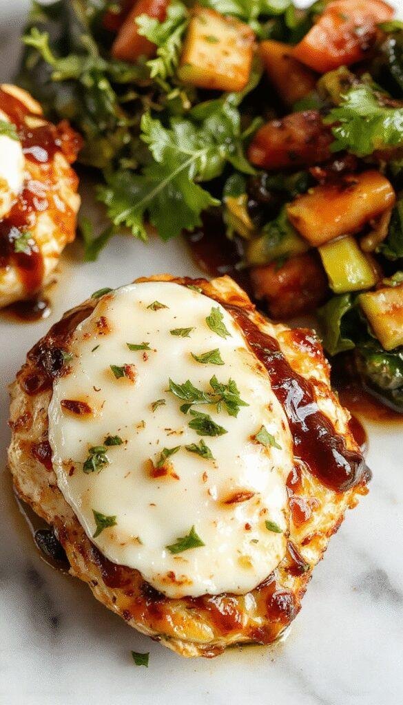 A close-up of a plated baked chicken breast topped with melted mozzarella cheese, drizzled with glossy balsamic glaze, garnished with fresh herbs, all on a rustic white plate with a sprig of basil, surrounded by cherry tomatoes and a side of leafy greens, vibrant colors and glossy textures highlighting the savory dish.