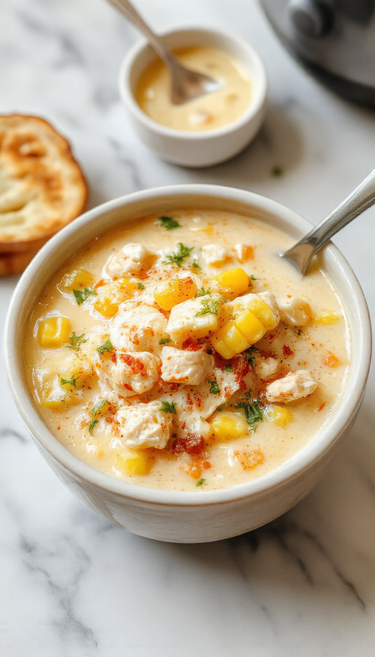 A steaming bowl of creamy chicken corn chowder garnished with chopped herbs, served on a rustic wooden table with fresh corn cobs and crunchy croutons, showcasing vibrant yellow and white tones, with a spoon resting beside it and a cozy kitchen background.
