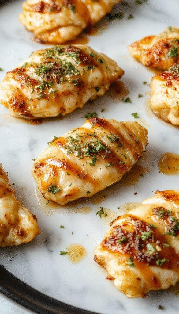 A vibrant plate featuring juicy chicken breasts glazed with a glossy honey garlic sauce, garnished with fresh parsley, served alongside golden roasted vegetables on a rustic wooden table.