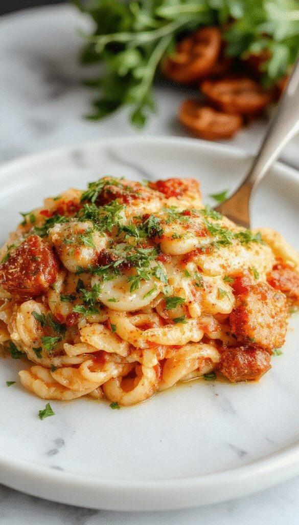 A vibrant plate of orzo pasta garnished with fresh herbs and colorful vegetables, served in a sleek white bowl with a drizzle of olive oil, set on a rustic wooden table with soft natural lighting highlighting the textures and bright colors.