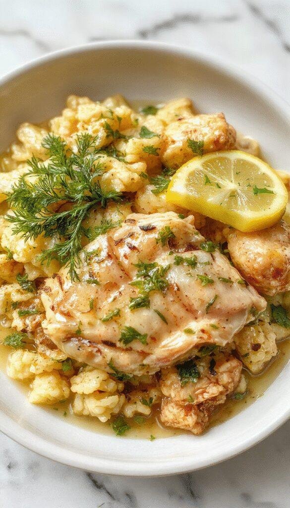 A vibrant plate of slow cooker lemon herb chicken and rice featuring golden-brown chicken thighs topped with fresh herbs and lemon slices, served alongside fluffy rice garnished with herbs. The dish is styled on a rustic wooden table with fresh lemon and herbs in the background, creating an inviting, colorful, and appetizing presentation with textures of crispy chicken skin and tender rice.