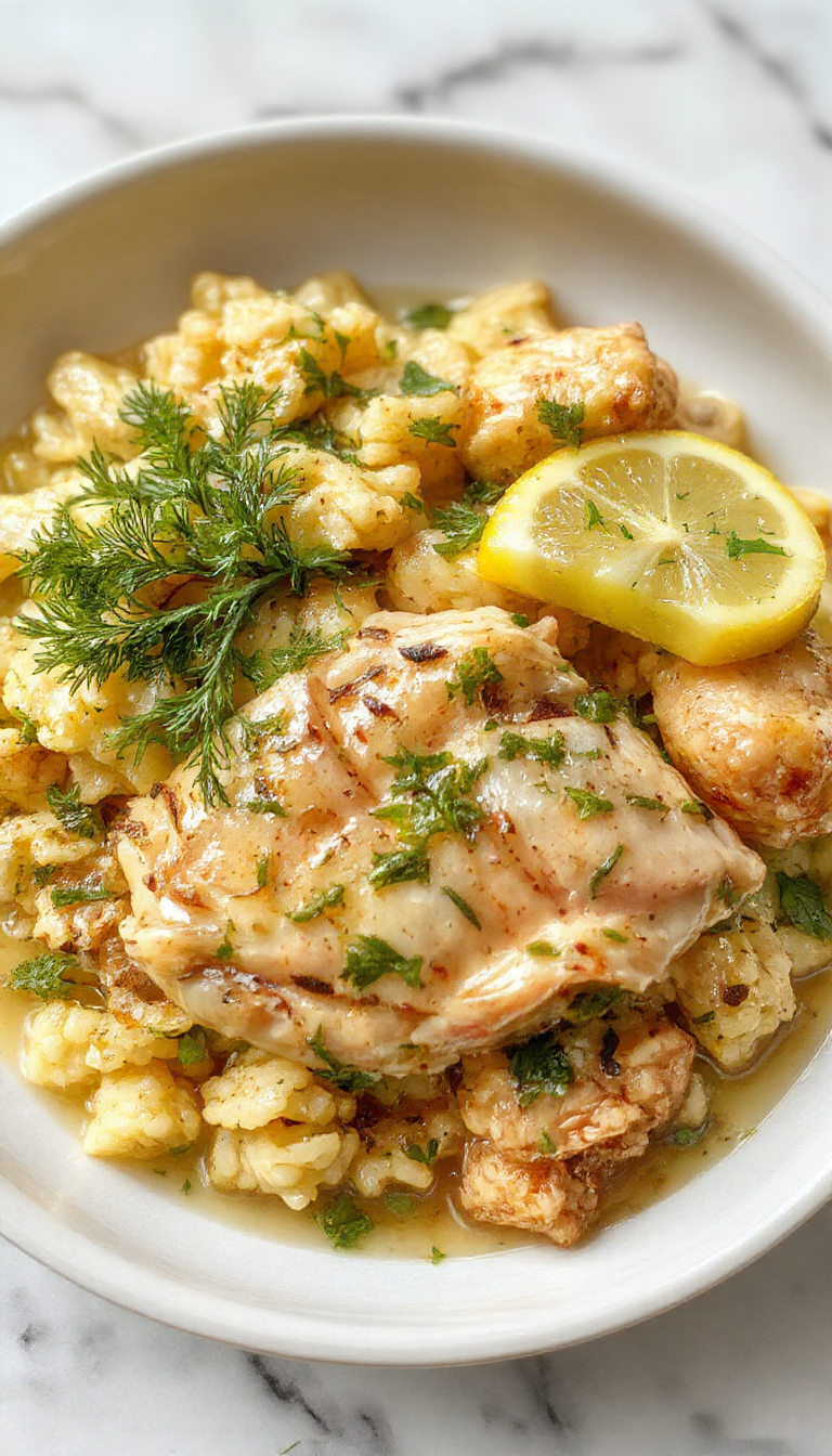 A vibrant plate of slow cooker lemon herb chicken and rice featuring golden-brown chicken thighs topped with fresh herbs and lemon slices, served alongside fluffy rice garnished with herbs. The dish is styled on a rustic wooden table with fresh lemon and herbs in the background, creating an inviting, colorful, and appetizing presentation with textures of crispy chicken skin and tender rice.