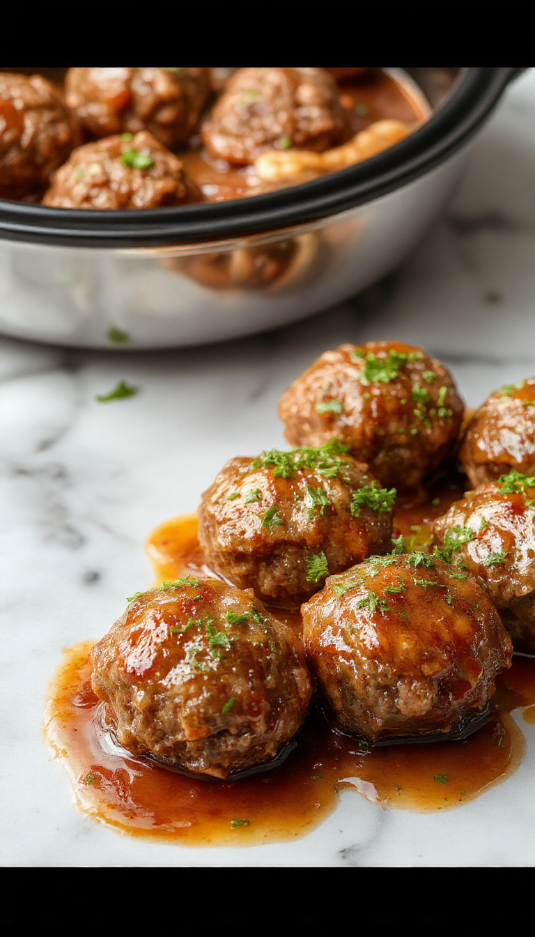 A close-up of a hearty serving of Salisbury steak meatballs in a rich brown gravy, plated on a rustic dish with fresh herbs sprinkled on top, accompanied by creamy mashed potatoes and steamed vegetables, with a warm ambiance and inviting presentation.