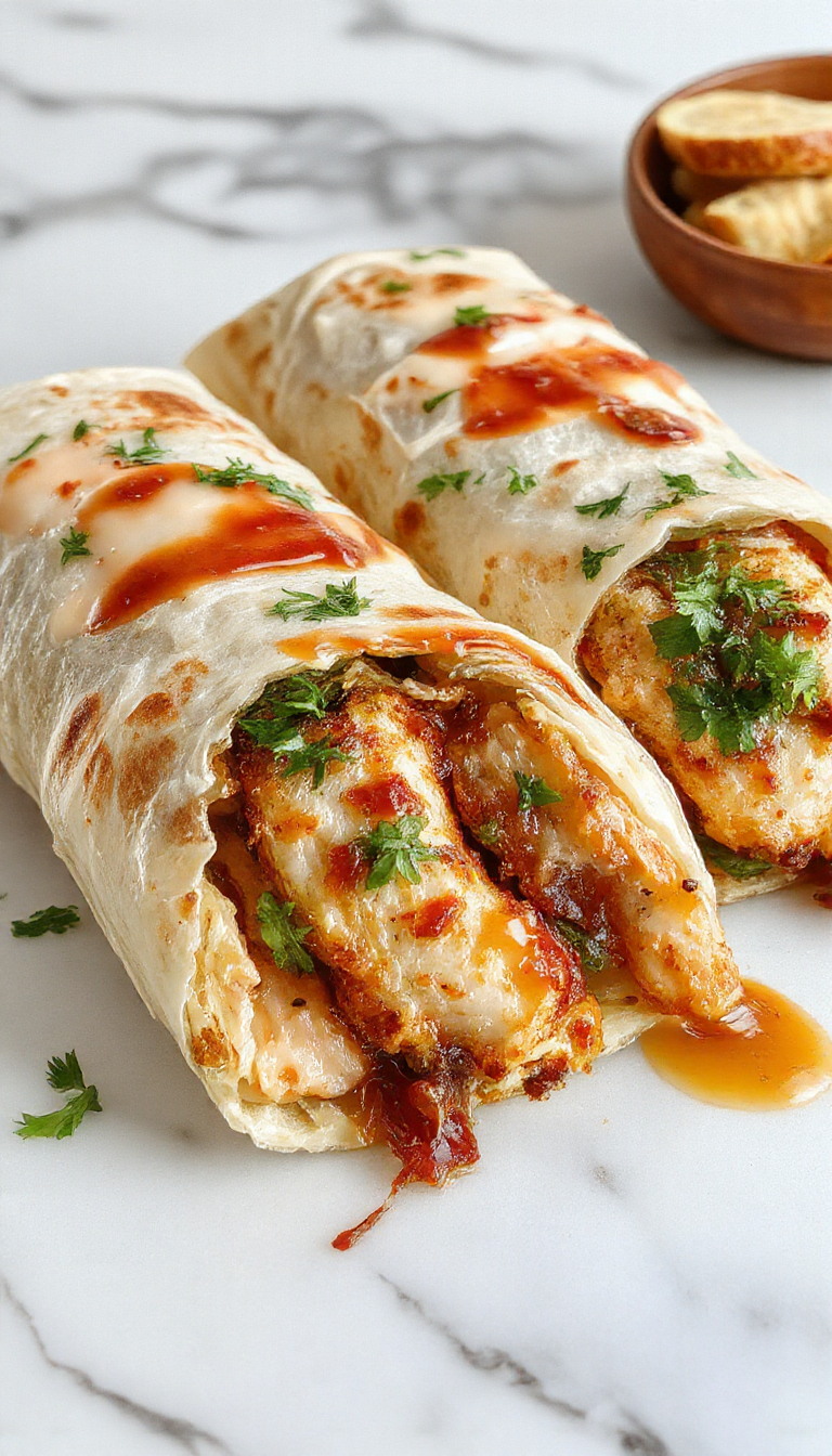 A plate of deliciously easy chicken wraps filled with shredded chicken, fresh vegetables, and creamy sauce, wrapped in soft tortillas