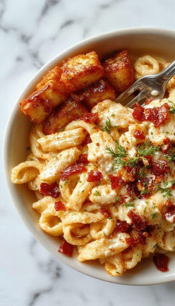 A bowl of creamy chicken bacon ranch pasta garnished with herbs, topped with crispy bacon pieces and shredded cheese, served on a rustic wooden table.
