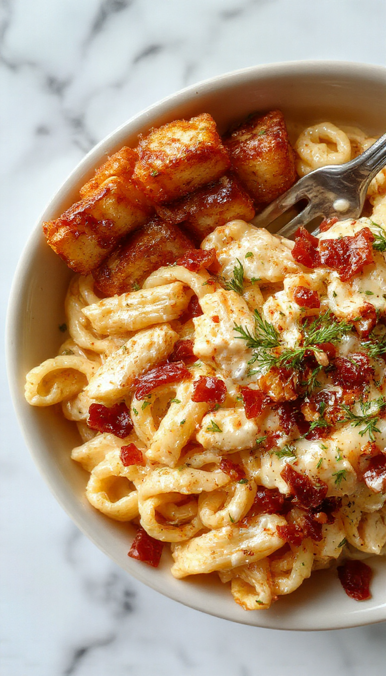 A bowl of creamy chicken bacon ranch pasta garnished with herbs, topped with crispy bacon pieces and shredded cheese, served on a rustic wooden table.