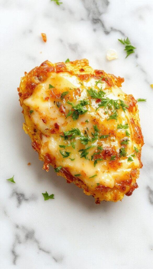A plate of Golden, crispy garlic parmesan chicken pieces garnished with fresh herbs and parmesan shavings, served with a side of vegetables.