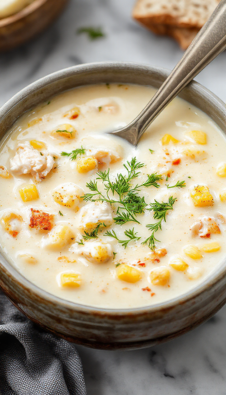 A steaming bowl of creamy chicken corn chowder with tender chicken pieces, bright yellow corn, and visible herbs on top, served in a rustic white bowl on a wooden table, with fresh garnish and a spoon ready to serve. The vibrant yellow and white contrast beautifully, emphasizing the hearty textures and inviting presentation.