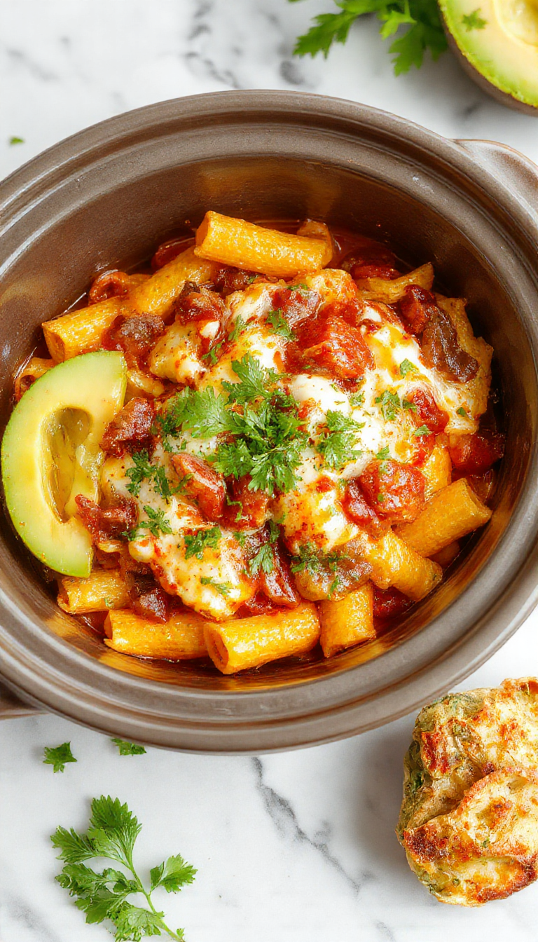 A vibrant bowl of creamy taco pasta topped with shredded cheese, fresh cilantro, and diced tomatoes. The dish features tender pasta mixed with seasoned ground beef, all presented on a rustic wooden table with colorful garnishes and a side of tortilla chips.