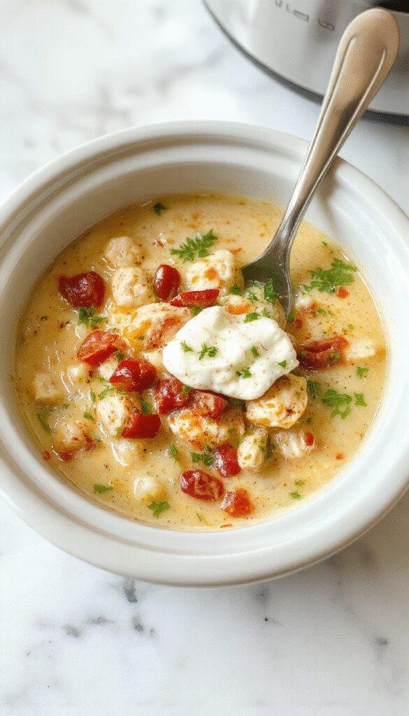 A bowl of creamy white chicken chili topped with melted cream cheese, garnished with fresh cilantro and diced green onions, served with colorful tortilla chips on a rustic wooden table, with steam rising and a cozy autumn background