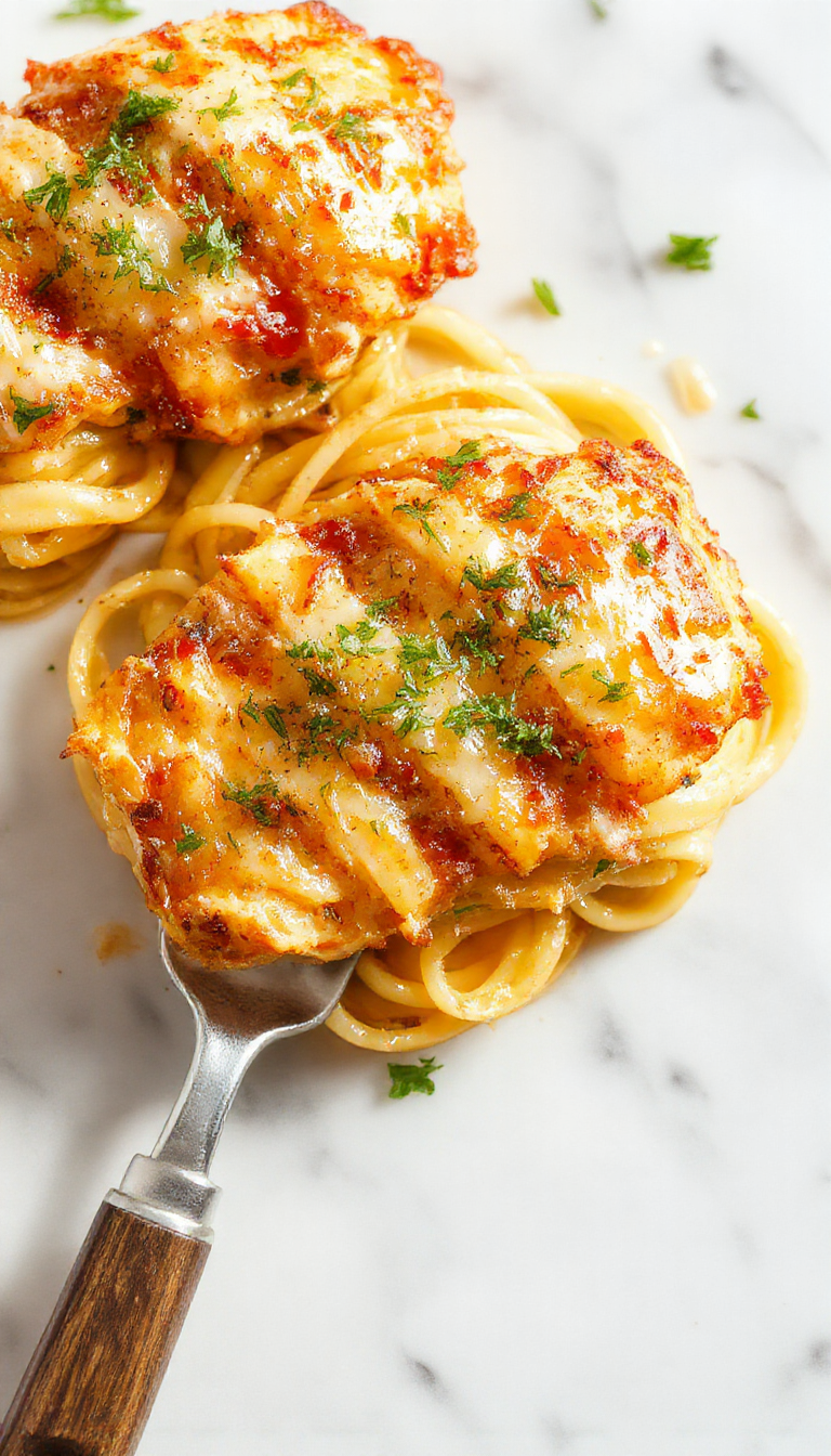 A vibrant plate of garlic parmesan chicken pasta featuring tender sliced chicken coated in a creamy, cheesy sauce with visible garlic and Parmesan shavings, garnished with fresh parsley, served on a white ceramic plate with a golden fork, colorful cherry tomatoes and green herbs in the background, styled for a bright, inviting dinner scene