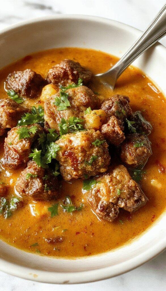 A bowl of creamy brown beef coconut curry garnished with fresh herbs and served alongside jasmine rice.