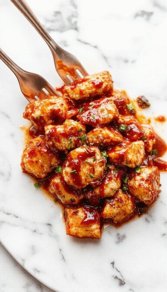 Colorful bowl featuring tender shredded chicken glazed with shiny, caramelized teriyaki sauce, garnished with sesame seeds and chopped green onions, plated on a white dish with a wooden background, steam rising highlighting the juicy textures.