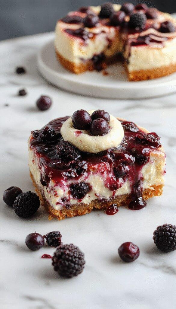 A stunning midnight blue cheesecake topped with fresh blueberries and a glossy glaze, garnished with mint leaves on a elegant dessert plate.