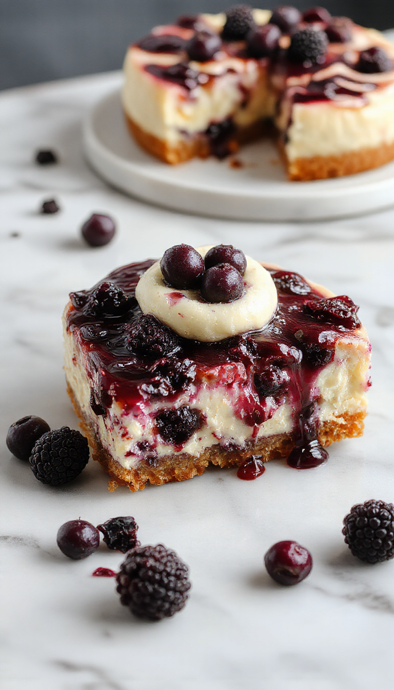 A stunning midnight blue cheesecake topped with fresh blueberries and a glossy glaze, garnished with mint leaves on a elegant dessert plate.