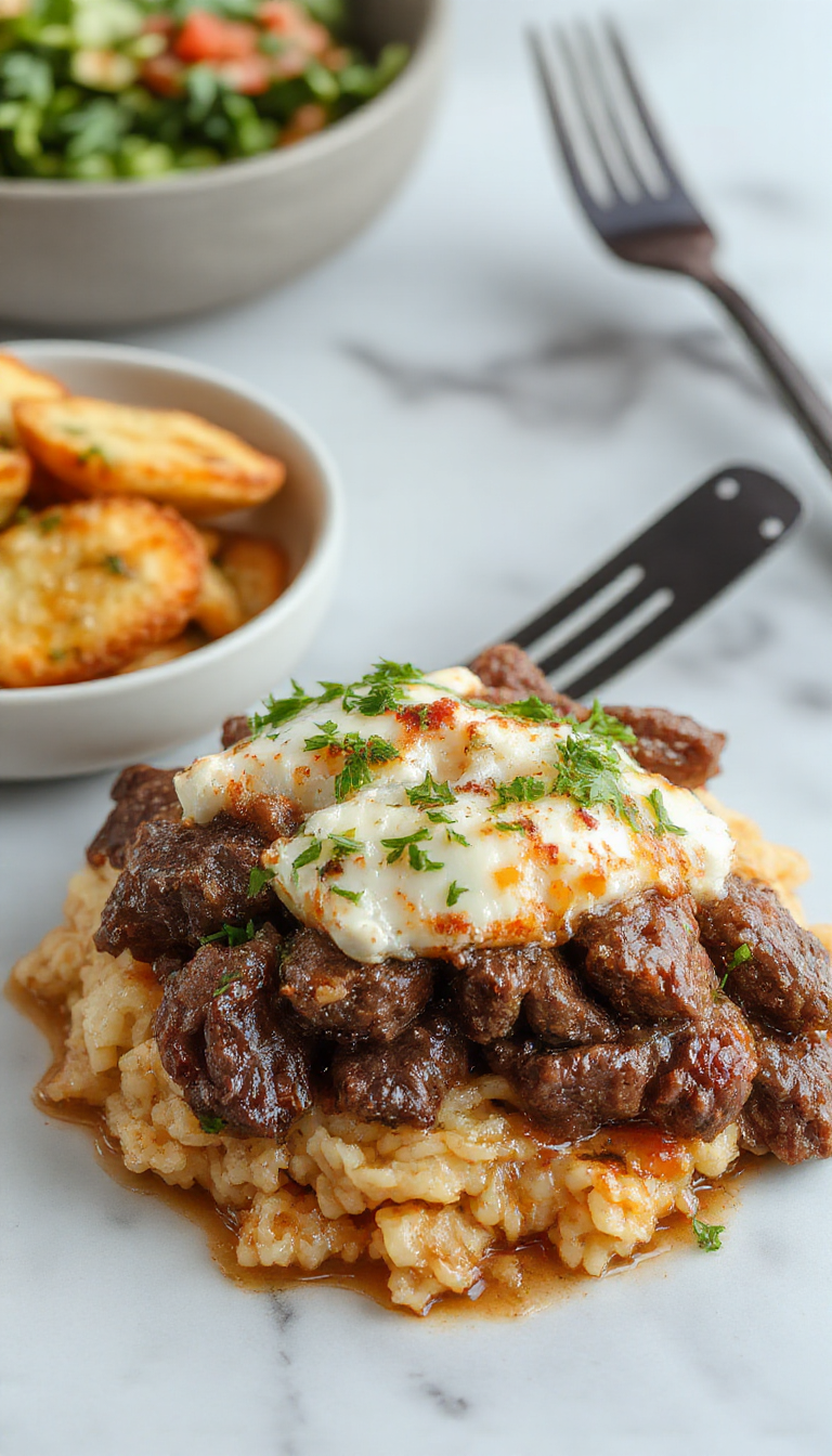 A bowl of savory Greek beef and rice garnished with herbs and lemon slices, placed on a rustic wooden table.