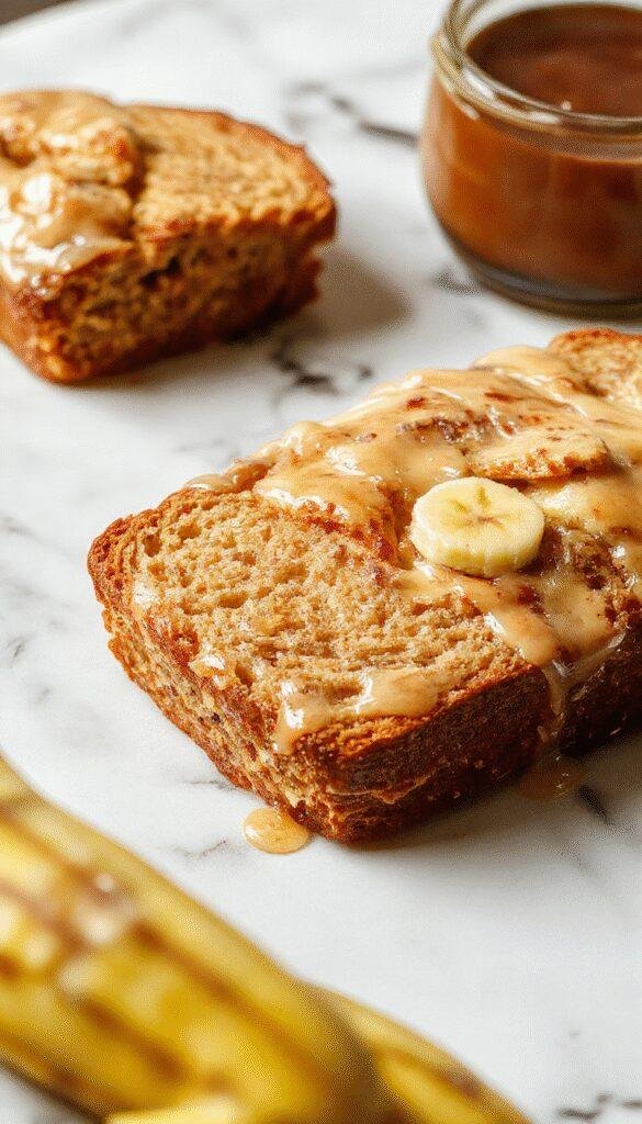 A freshly sliced loaf of Fluffy Honey Vanilla Banana Bread on a rustic wooden table, showing its soft, golden interior with slices fanned out.