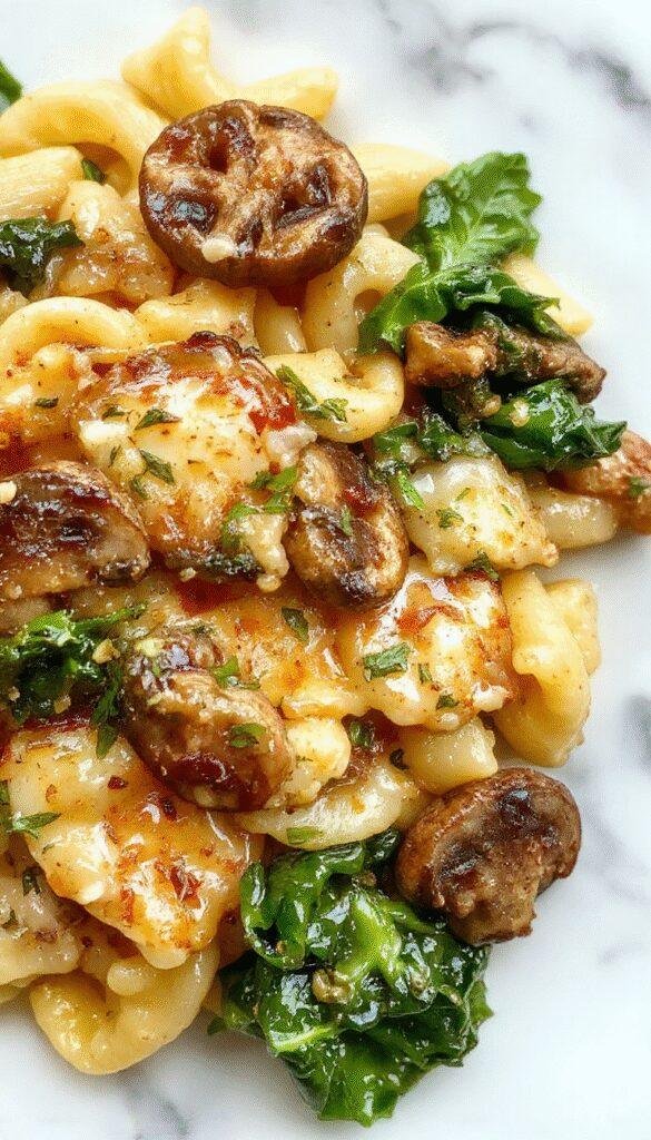 A vibrant bowl of garlic butter orzo featuring tender mushrooms and fresh spinach, garnished with herbs, served on a rustic wooden table with a sprig of parsley, showcasing creamy textures and colorful ingredients.