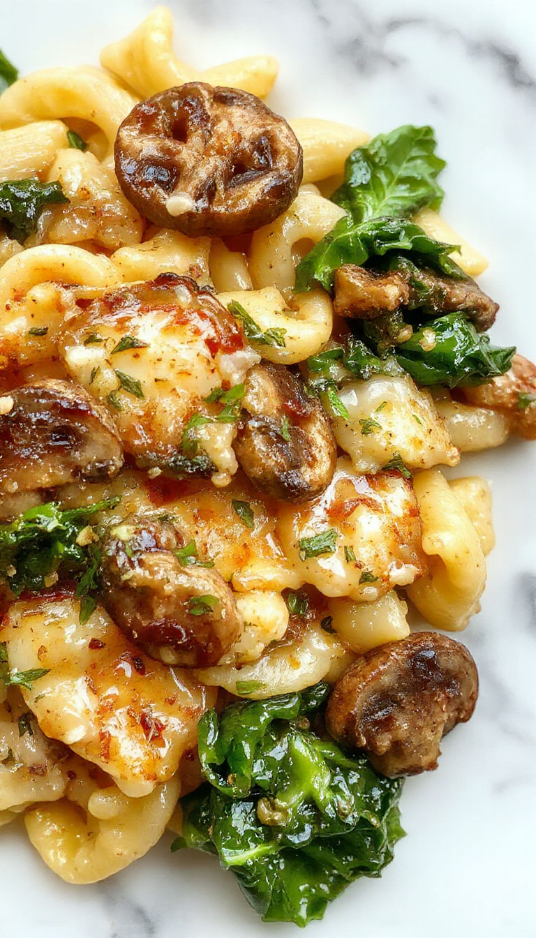 A vibrant bowl of garlic butter orzo featuring tender mushrooms and fresh spinach, garnished with herbs, served on a rustic wooden table with a sprig of parsley, showcasing creamy textures and colorful ingredients.