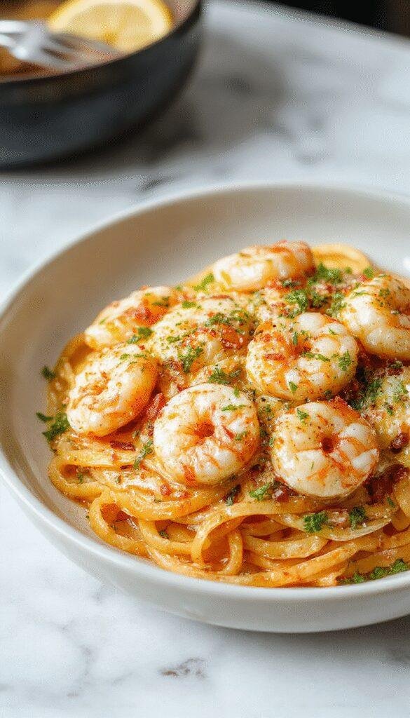 A vibrant plate of garlic butter shrimp pasta showcasing plump pink shrimp, golden garlic sauce coating al dente spaghetti, garnished with fresh parsley on a rustic wooden table